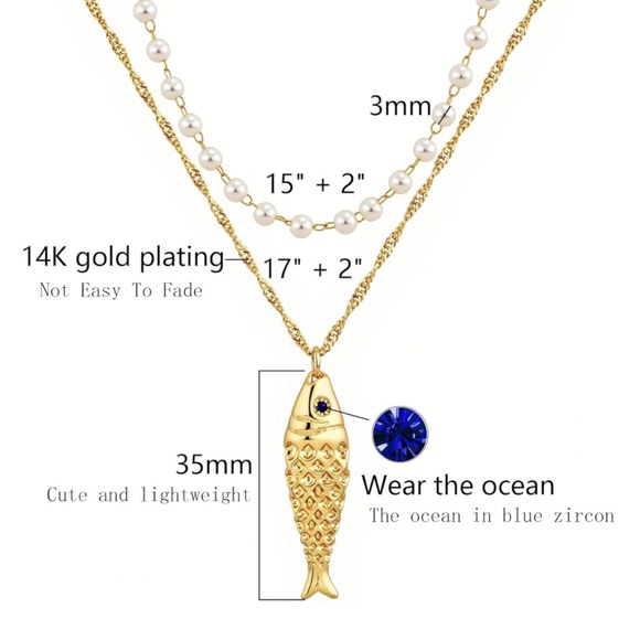 New! Ocean & Fish Layered Pearl Gold Necklace (1070) NWOT - Picture 2 of 2